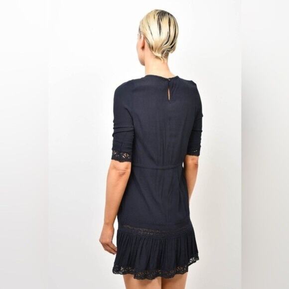 Maje Ronsard Crepe Lace Panel Cotton Shift Mini Dress‎ in Nuit 2 French Peasant - Picture 6 of 10